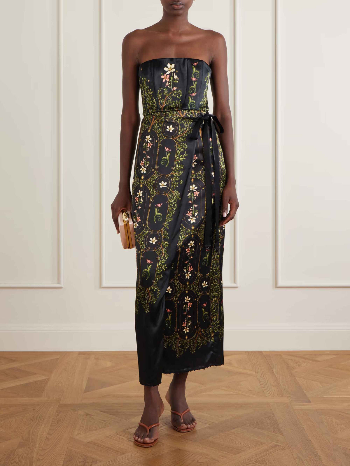 Black Vintage Floral Strapless Wrap Tie Satin Midi Dress