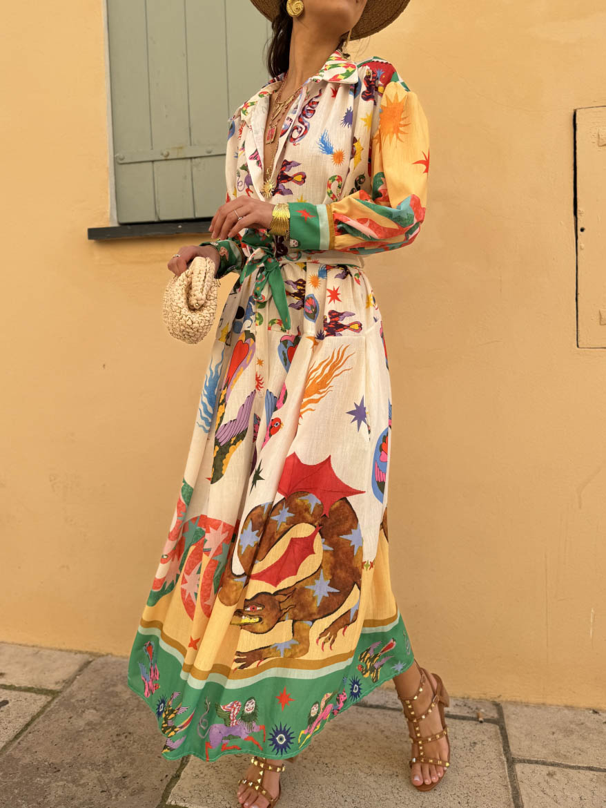 Unique Tarot Print Button-Up Shirt Maxi Dress