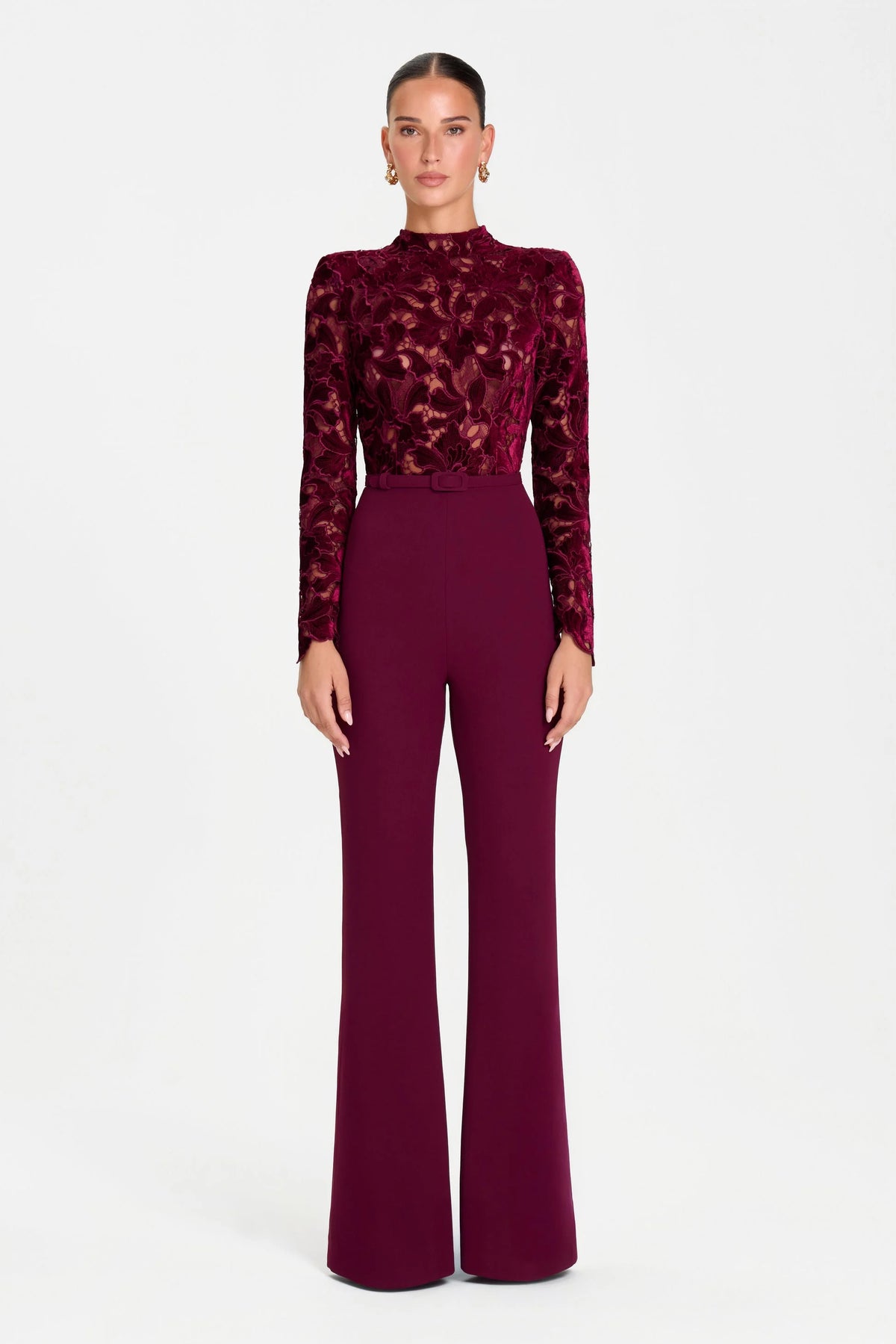 Burgundy Lace Mock Neck Long Sleeve Belted Flared Leg Jumpsuit