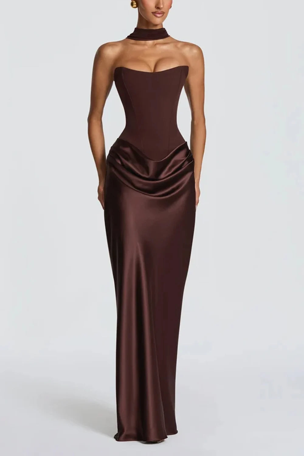 Strapless Corset Draped Satin Maxi Dress with Chiffon Neck Scarf