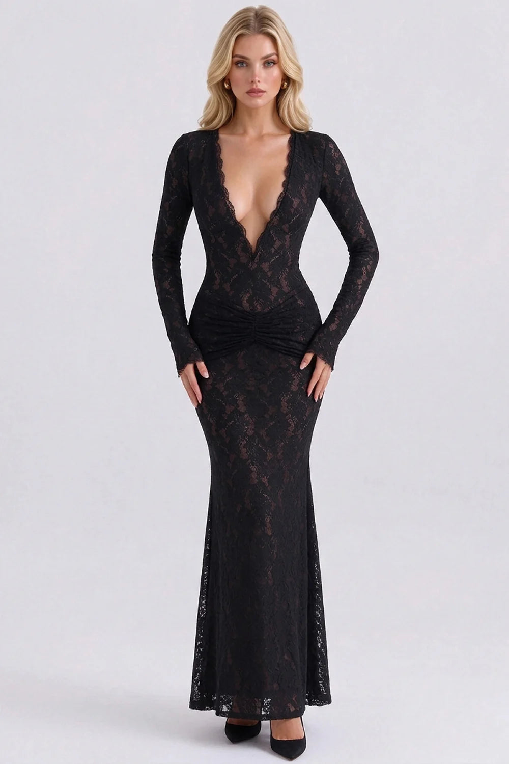 Black Lace Deep Plunge V-Neck Long Sleeve Ruched Bodycon Maxi Evening Dress [erp-image:1c97599e669a891e489a4cfa]