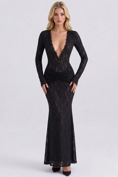 Black Lace Deep Plunge V-Neck Long Sleeve Ruched Bodycon Maxi Evening Dress [erp-image:1c97599e669a891e489a4cfa]