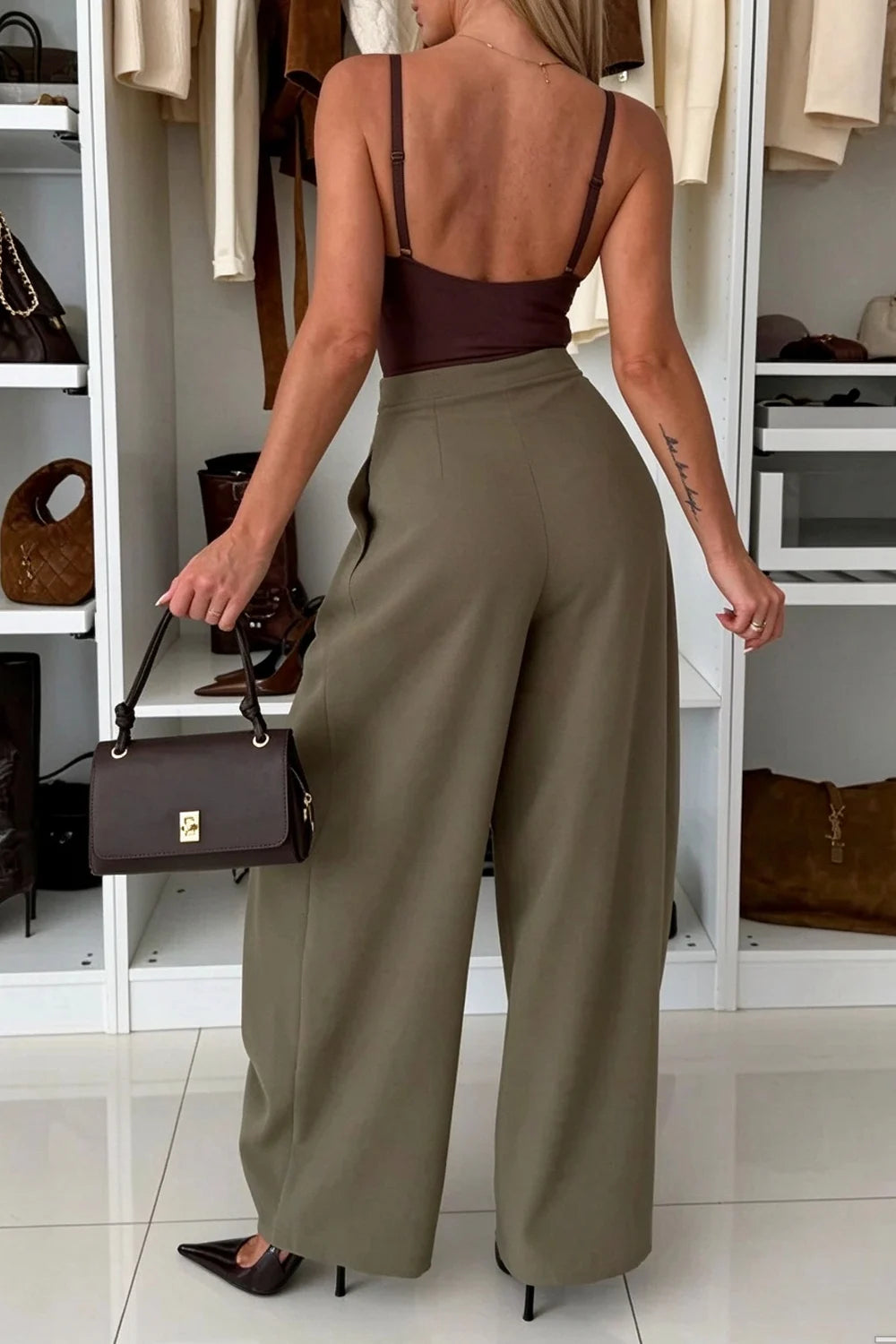 High-Waisted Asymmetric Double-Button Wide-Leg Trousers in Chocolate Brown