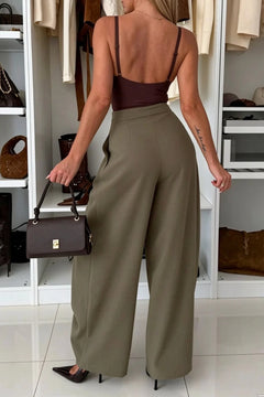 High-Waisted Asymmetric Double-Button Wide-Leg Trousers in Chocolate Brown