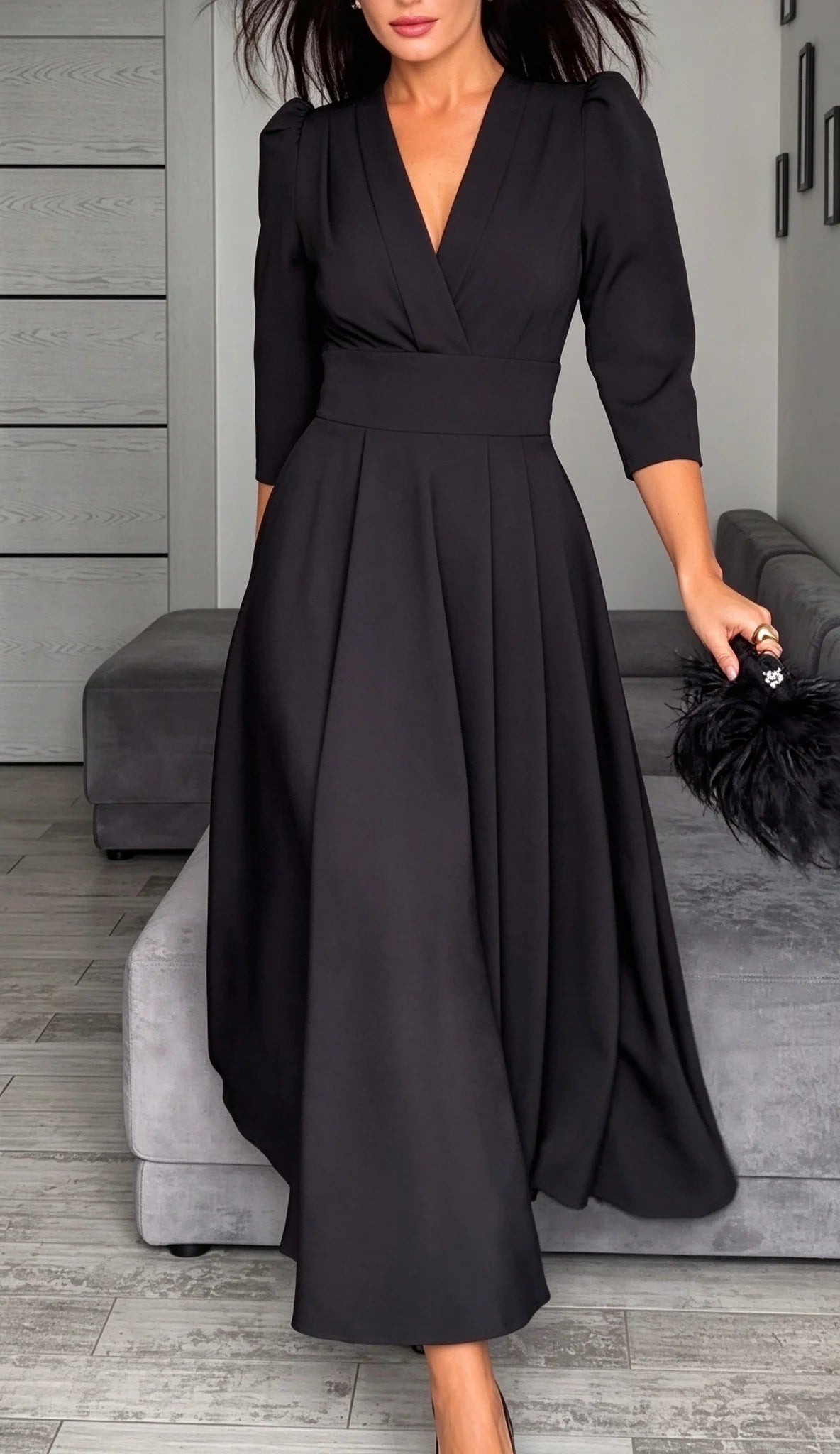 Black V-Neck Midi Dress with Puff Sleeves and Pleated Waistline [erp-image:cd624a5e0dab5519ade9cf26]