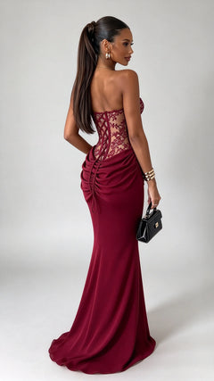 Burgundy Strapless Lace Corset Draped Bodice Floor Length Evening Maxi Dress [erp-image:2c82749bdfa934289c6f6016]