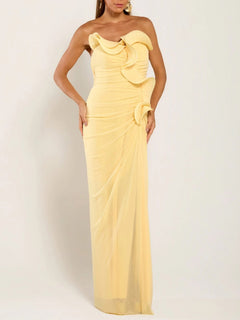 Elegant Strapless Ruched Floral Applique Maxi Dress