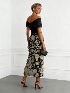Elegant Floral Embroidered Off-Shoulder Maxi Dress