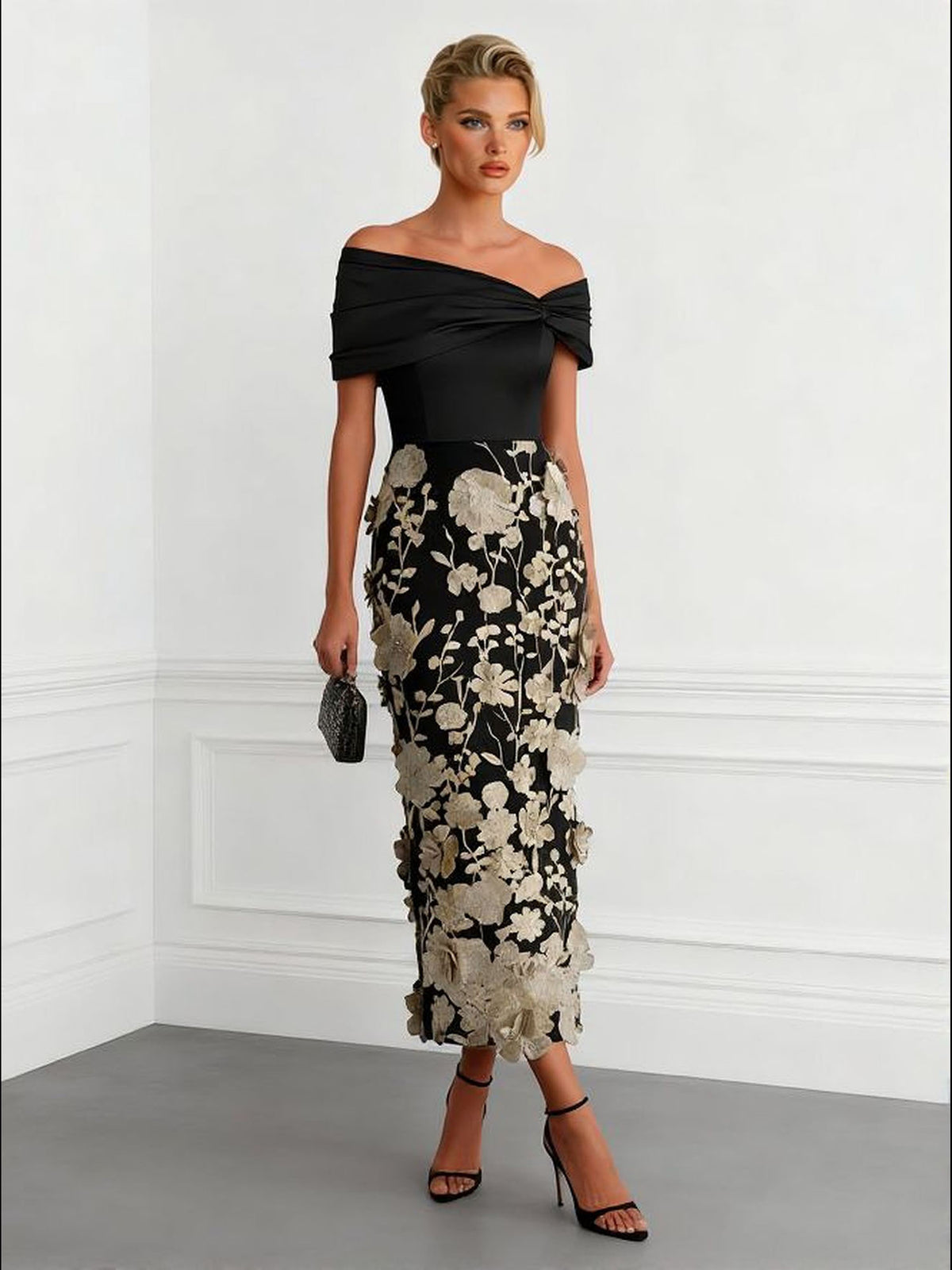 Elegant Floral Embroidered Off-Shoulder Maxi Dress