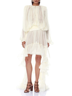 Elegant Sheer Ruffle Blouse & Layered High-Low Skirt Two-Piece Set