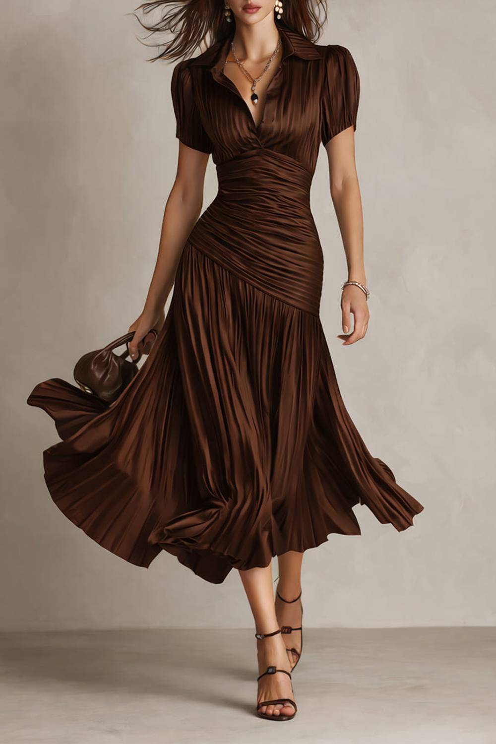 Collared Short Sleeve Striped Ruched Waist Pleated Midi Dress