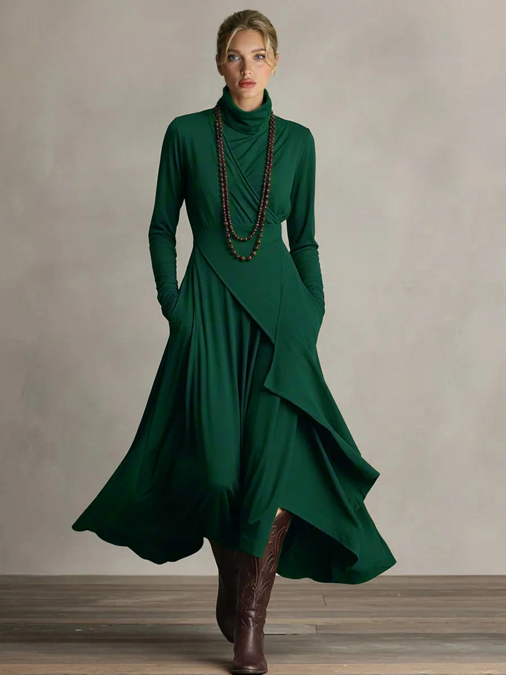Elegant High-Neck Draped Asymmetrical Maxi Dress