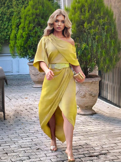 Exquisite Satin Irregular Lapel Neckline Design Ruched Maxi Dress