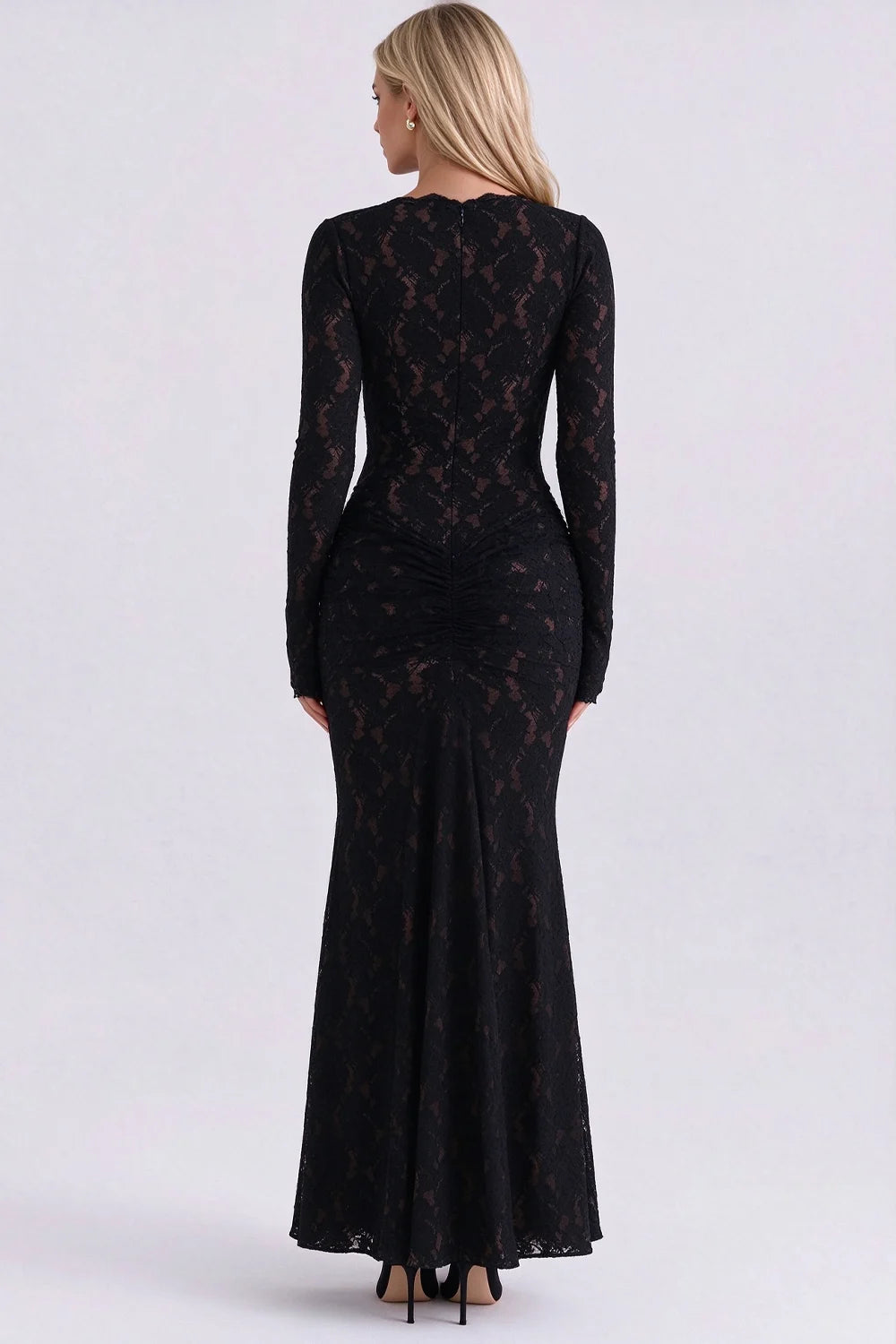 Black Lace Deep Plunge V-Neck Long Sleeve Ruched Bodycon Maxi Evening Dress [erp-image:82c3e5d25c844c3fb2cfc082]