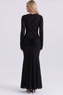 Black Lace Deep Plunge V-Neck Long Sleeve Ruched Bodycon Maxi Evening Dress [erp-image:82c3e5d25c844c3fb2cfc082]