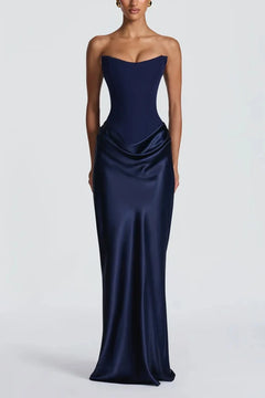 Strapless Corset Draped Satin Maxi Dress with Chiffon Neck Scarf