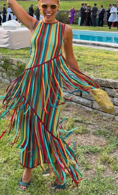 Striped Fringe Sleeveless Knit Maxi Dress with Tiered Tassels