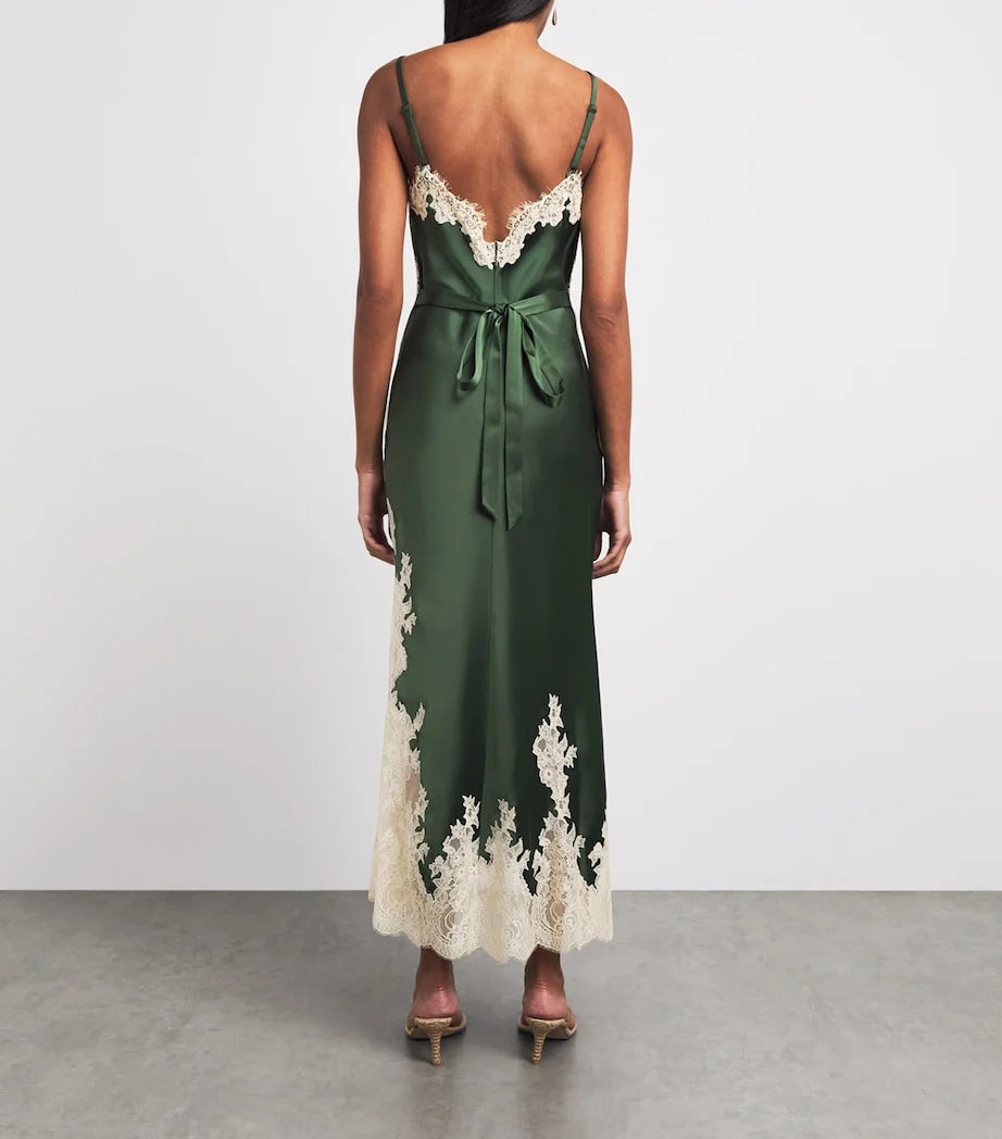 Lace Trim V-Neck Satin Slip Maxi Dress in Dark Green [erp-image:7cf44b71635b5204842bc0d1]
