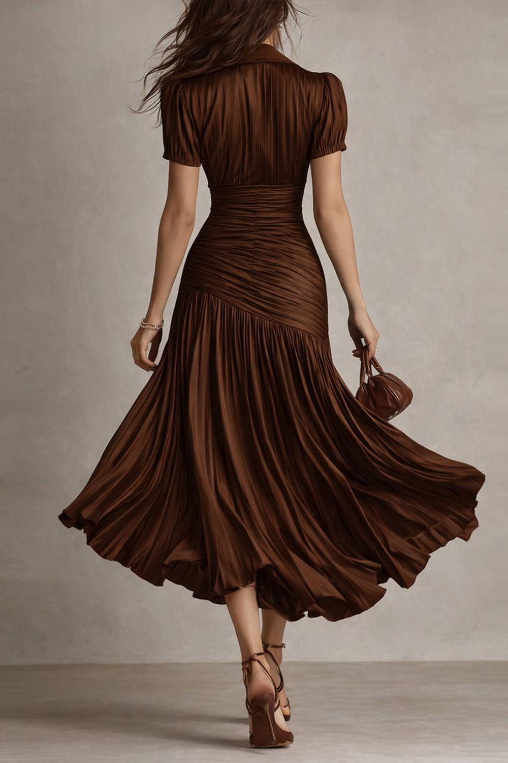 Collared Short Sleeve Striped Ruched Waist Pleated Midi Dress