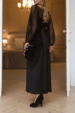 Champagne Open Knit Sweater and Satin Midi Skirt Two Piece Set with Feather Belt