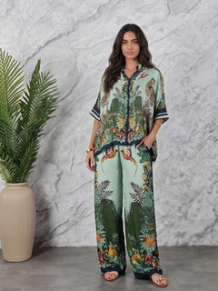 Exotic Jungle Print Batwing Sleeve Shirt & Wide Leg Pants Set