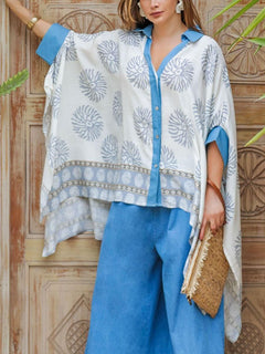 Casual Geometric Print Batwing Sleeve Lapel Shirt & Jeans Two-Piece Set
