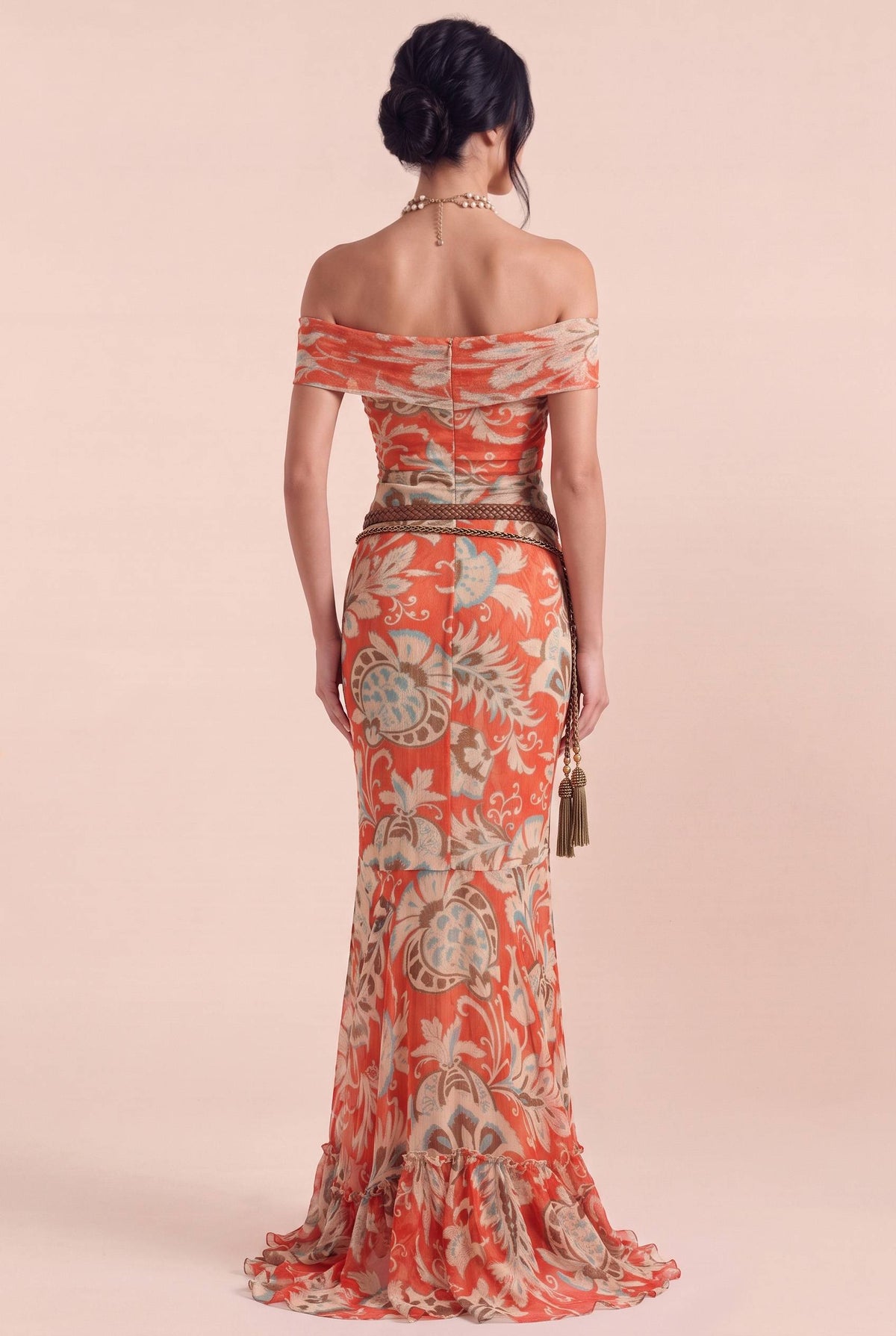 Vintage Red-tone Paisley Kink Sleeveless Slim-fit Fishtail Dress