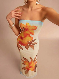 Strapless Floral Print Slim Fit Tube Column Maxi Dress