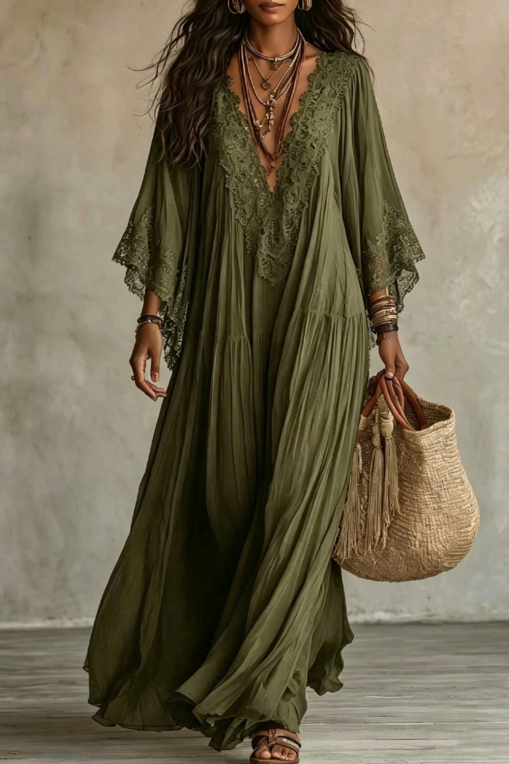 Lace V-neck Trumpet Sleeve Bohemian Long Dress