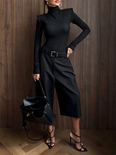 Women's Black Padded Shoulder High Neck Long Sleeve Top and Bermuda Shorts Two Piece Set [erp-image:1a25add7b4d1f2dca05d4849]