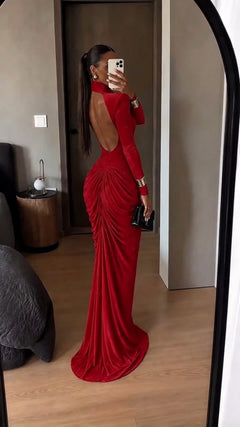 Red Glitter High Neck Ruched Long Sleeve Maxi Evening Dress with Shoulder Pads [erp-image:135fc91c8fa8dd834b220a03]