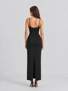 Black Lace Trim Cami Maxi Dress with Slit Detail