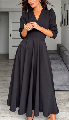 Black V-Neck Midi Dress with Puff Sleeves and Pleated Waistline [erp-image:ec62432397c61c0e0e2ff42c]