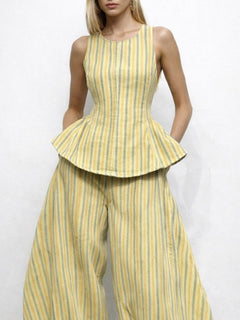 Retro Striped Ruffle Sleeveless Top & Pants Set