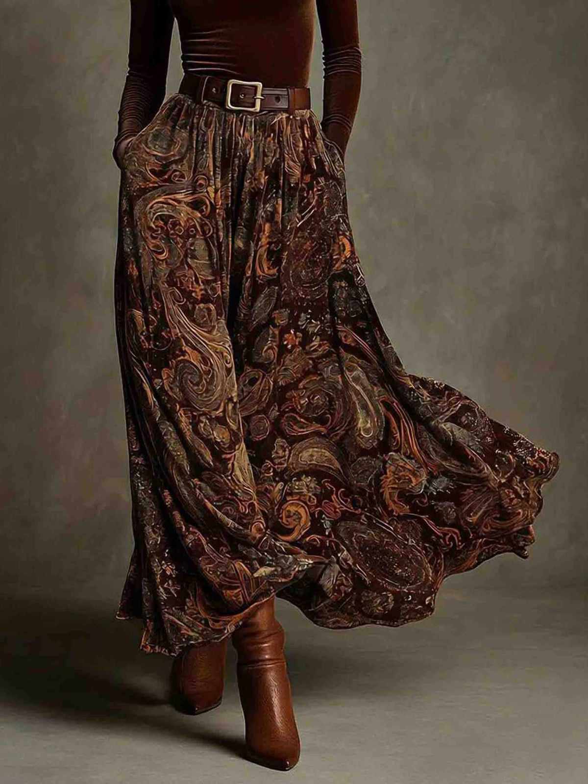 Retro Stretch Velvet Top And Paisley Print Maxi Skirt Set