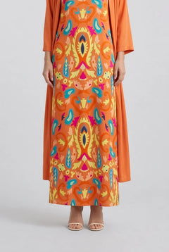 Women's Orange Boho Print Sleeveless Maxi Dress and Long Cardigan Two Piece Outfit Set [erp-image:23cee123b0be4473a9c10331]