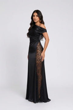 Women's One Shoulder Black Satin Maxi Dress with Sheer Lace Insert Panel [erp-image:7502d3628aa88593bcccfe60]