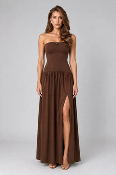 Brown Strapless Drop Waist Maxi Dress with High Thigh Slit [erp-image:4cc7fe9e21e7a107efa8e59d]