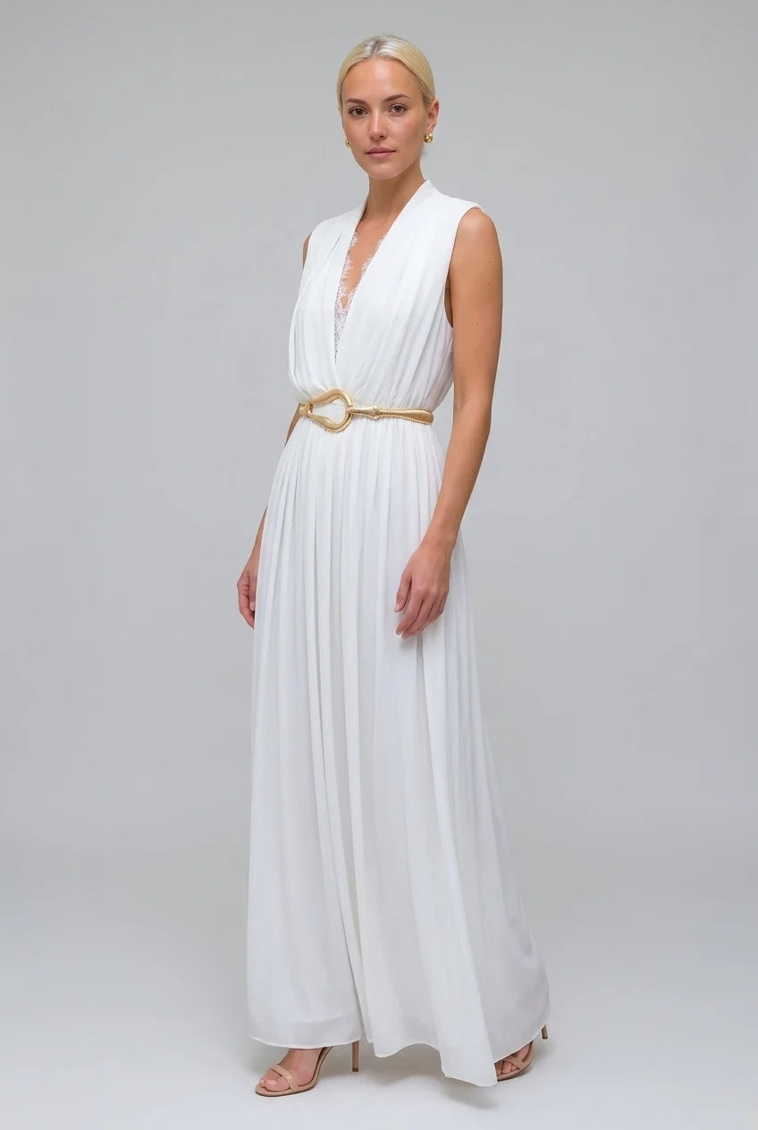 Sleeveless Deep V-Neck Lace Trim Pleated Maxi Dress in White [erp-image:f8b243e9239e0ae4f0ff0b34]