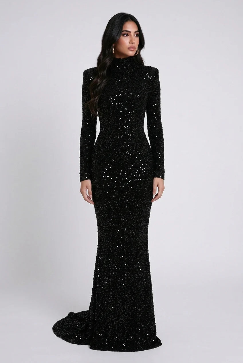 Black Sequin High Neck Long Sleeve Mermaid Maxi Evening Dress [erp-image:8e6baa35faa37af225b649f9]