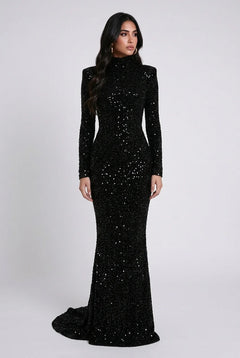 Black Sequin High Neck Long Sleeve Mermaid Maxi Evening Dress [erp-image:8e6baa35faa37af225b649f9]
