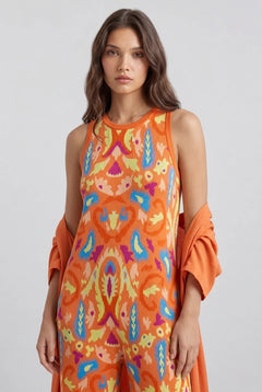 Women's Orange Boho Print Sleeveless Maxi Dress and Long Cardigan Two Piece Outfit Set [erp-image:39881aefe40a87ca1efc79f2]