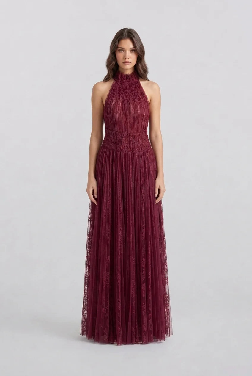 Burgundy Halter High Neck Pleated Mesh Sleeveless Maxi Evening Dress [erp-image:32372edae5060b035f1c51ea]