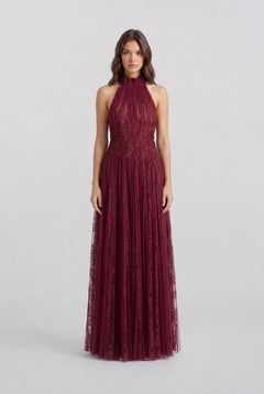 Burgundy Halter High Neck Pleated Mesh Sleeveless Maxi Evening Dress [erp-image:32372edae5060b035f1c51ea]