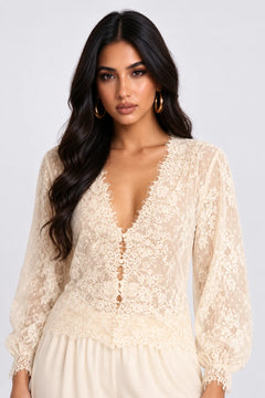 Sheer Floral Lace Deep V-Neck Long Sleeve Blouse Top [erp-image:91b3b2221f4c90359218f2af]