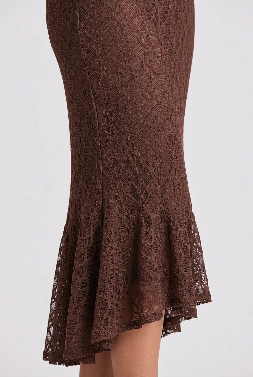Brown Mock Neck Long Sleeve Lace Mermaid Midi Dress [erp-image:506322c82e938cc1d56722ef]