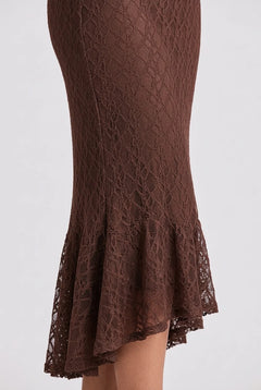Brown Mock Neck Long Sleeve Lace Mermaid Midi Dress [erp-image:506322c82e938cc1d56722ef]