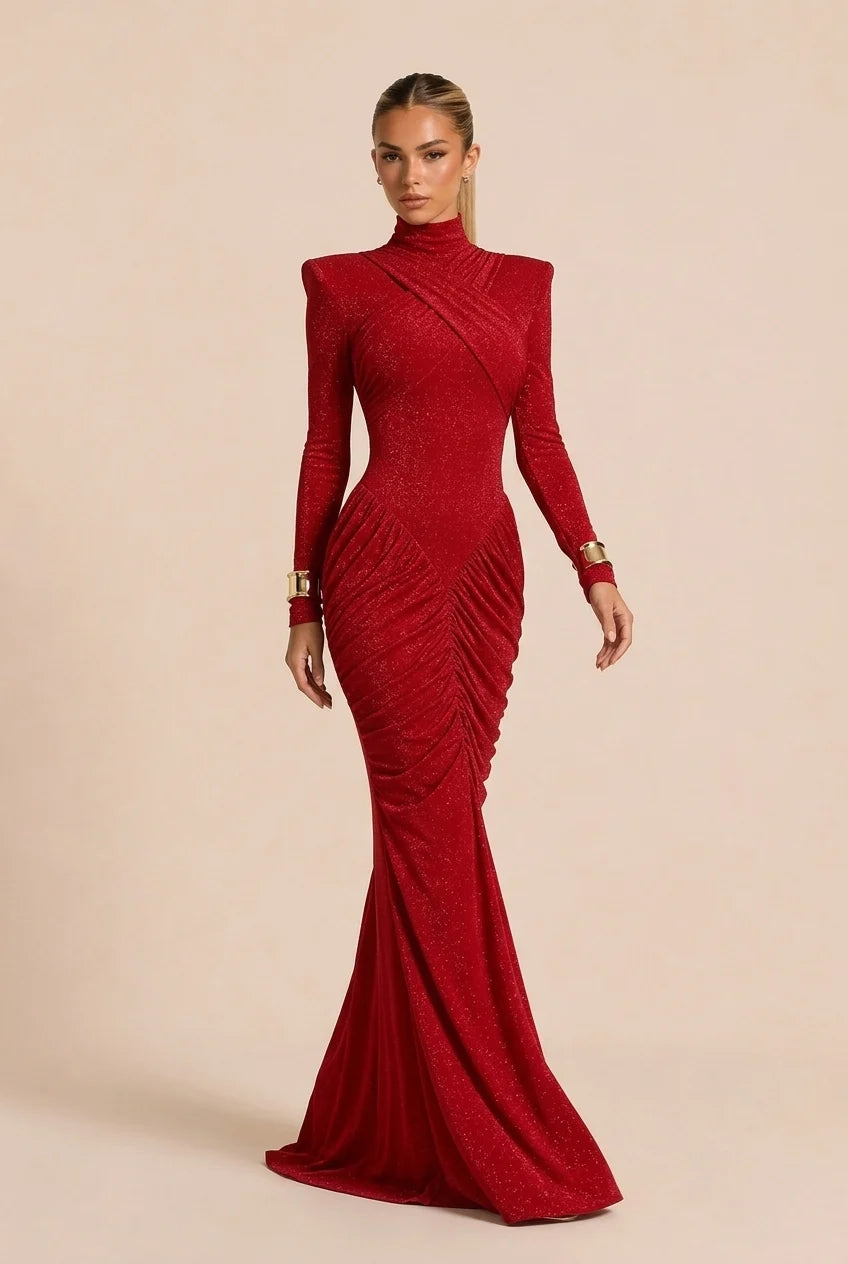 Red Glitter High Neck Ruched Long Sleeve Maxi Evening Dress with Shoulder Pads [erp-image:1c30f6af215d685a51ffa7fe]