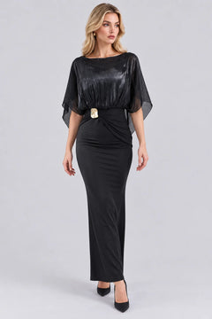Shimmer Cape Sleeve Column Maxi Dress with Gold Buckle Accent [erp-image:0f7582da9d4b9c84b86cc0f0]