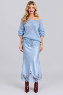 Open Knit Sweater and Lace Trim Satin Midi Skirt Set [erp-image:d7a696438bfcb6694fd71333]